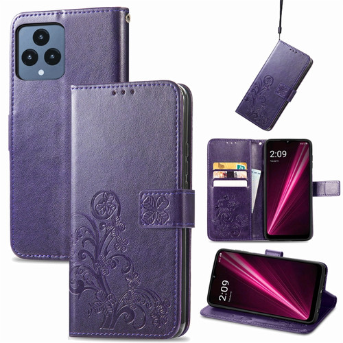 T-Mobile REVVL 6 5G Four-leaf Clasp Embossed Buckle Leather Phone Case - Purple