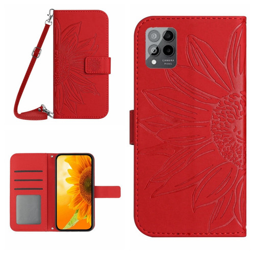 T-Mobile Revvl 6 Pro 5G Skin Feel Sun Flower Pattern Flip Leather Phone Case with Lanyard - Red