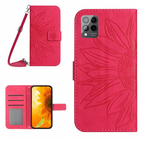 T-Mobile Revvl 6 Pro 5G Skin Feel Sun Flower Pattern Flip Leather Phone Case with Lanyard - Rose Red