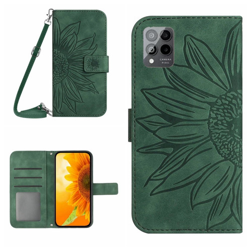 T-Mobile Revvl 6 Pro 5G Skin Feel Sun Flower Pattern Flip Leather Phone Case with Lanyard - Green