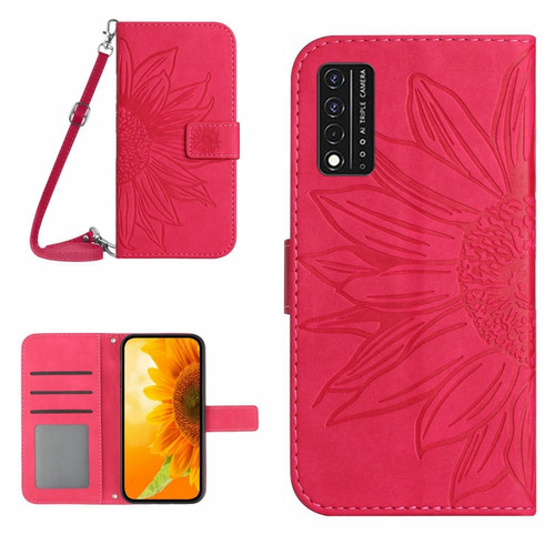 T-Mobile Revvl V+ 5G Skin Feel Sun Flower Pattern Flip Leather Phone Case with Lanyard - Rose Red