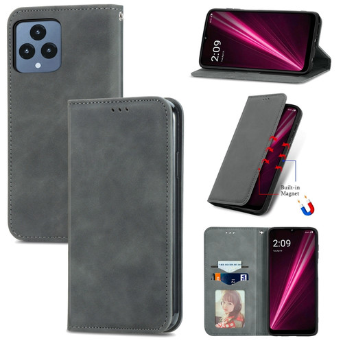 T-Mobile Revvl 6 5G Retro Skin Feel Magnetic Leather Phone Case - Gray