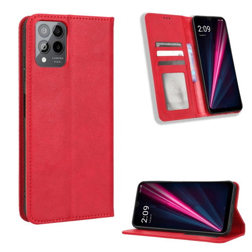 T-Mobile REVVL 6 Pro 5G Magnetic Buckle Retro Texture Leather Phone Case - Red