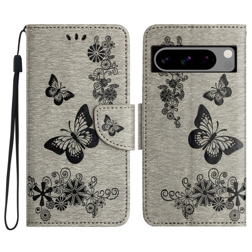 Google Pixel 8 Butterfly Embossed Flip Leather Phone Case - Grey