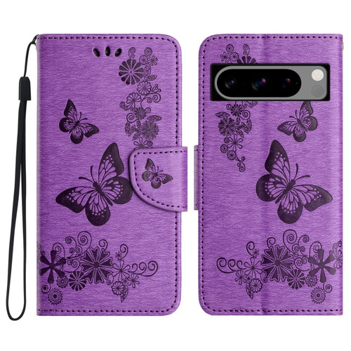 Google Pixel 8 Butterfly Embossed Flip Leather Phone Case - Purple
