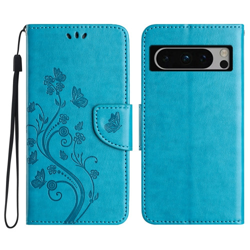 Google Pixel 8 Butterfly Flower Pattern Flip Leather Phone Case - Blue