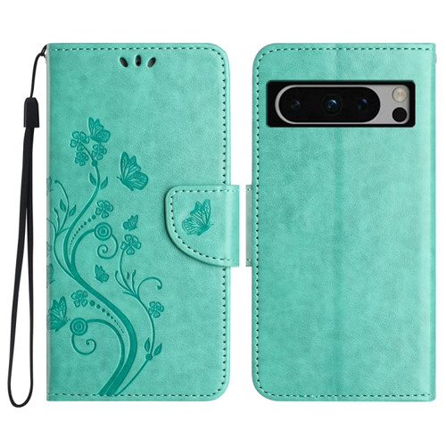 Google Pixel 8 Butterfly Flower Pattern Flip Leather Phone Case - Green
