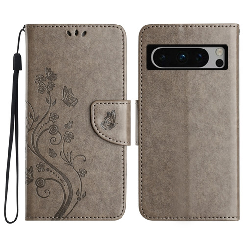 Google Pixel 8 Butterfly Flower Pattern Flip Leather Phone Case - Grey