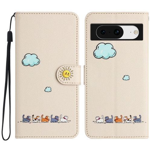 Google Pixel 8 Cartoon Cats Leather Phone Case - Beige White