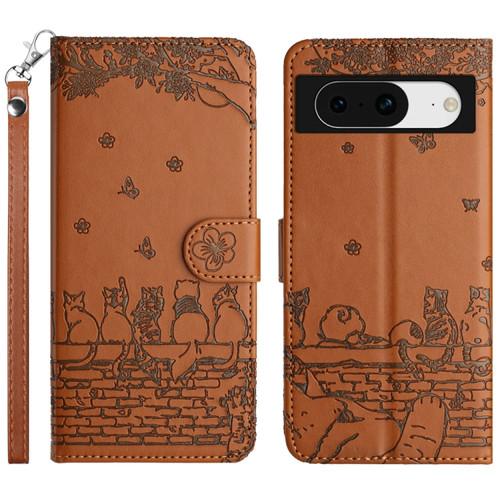 Google Pixel 8 Cat Embossing Pattern Leather Phone Case with Lanyard - Brown