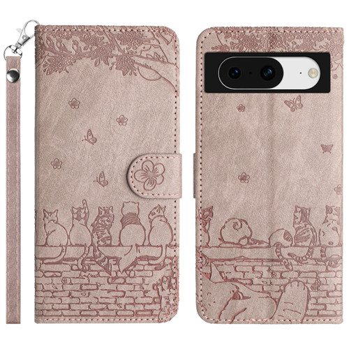 Google Pixel 8 Cat Embossing Pattern Leather Phone Case with Lanyard - Grey