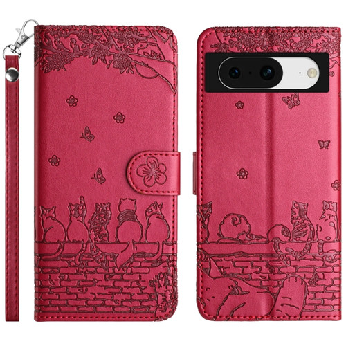 Google Pixel 8 Cat Embossing Pattern Leather Phone Case with Lanyard - Red