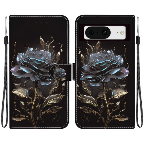 Google Pixel 8 Crystal Texture Colored Drawing Leather Phone Case - Black Rose