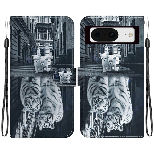 Google Pixel 8 Crystal Texture Colored Drawing Leather Phone Case - Cat Tiger Reflection