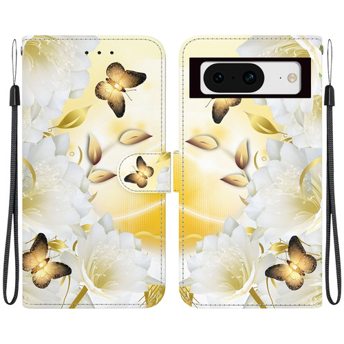 Google Pixel 8 Crystal Texture Colored Drawing Leather Phone Case - Gold Butterfly Epiphyllum