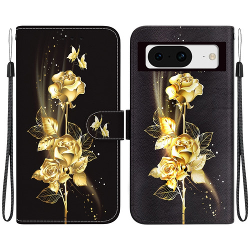 Google Pixel 8 Crystal Texture Colored Drawing Leather Phone Case - Gold Butterfly Rose