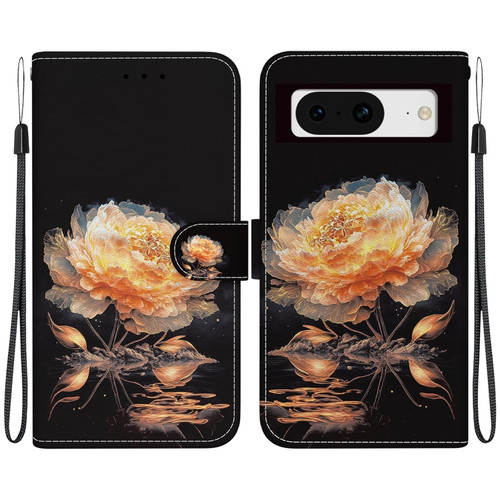 Google Pixel 8 Crystal Texture Colored Drawing Leather Phone Case - Gold Peony