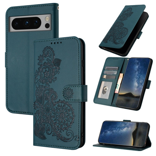 Google Pixel 8 Datura Flower Embossed Flip Leather Phone Case - Dark Green