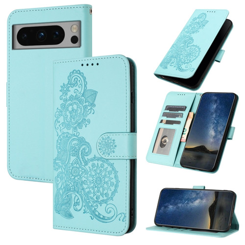 Google Pixel 8 Datura Flower Embossed Flip Leather Phone Case - Light blue