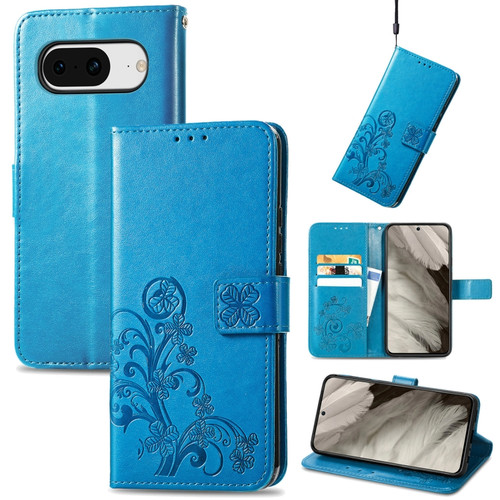 Google Pixel 8 Four-leaf Clasp Embossed Leather Phone Case - Blue