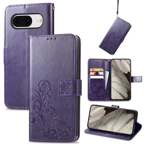 Google Pixel 8 Four-leaf Clasp Embossed Leather Phone Case - Purple