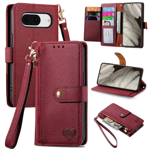 Google Pixel 8 Love Zipper Lanyard Leather Phone Case - Red