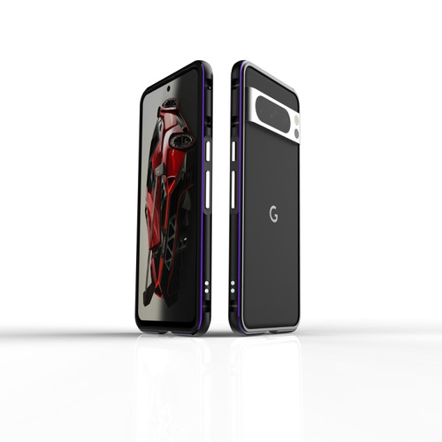 Google Pixel 8 Pro Aurora Series Lens Protector + Metal Frame Phone Case - Black Purple