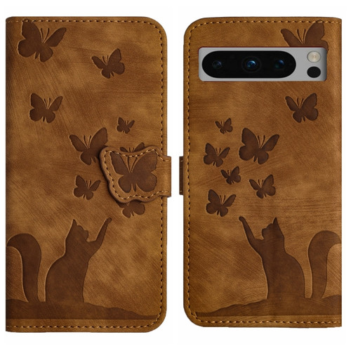 Google Pixel 8 Pro Butterfly Cat Embossing Flip Leather Phone Case - Brown