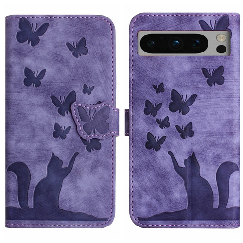 Google Pixel 8 Pro Butterfly Cat Embossing Flip Leather Phone Case - Purple