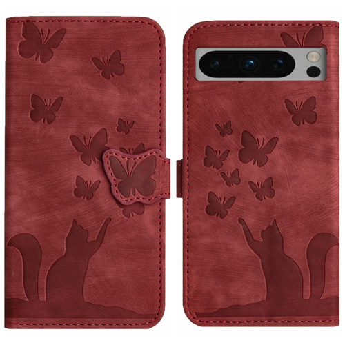 Google Pixel 8 Pro Butterfly Cat Embossing Flip Leather Phone Case - Red