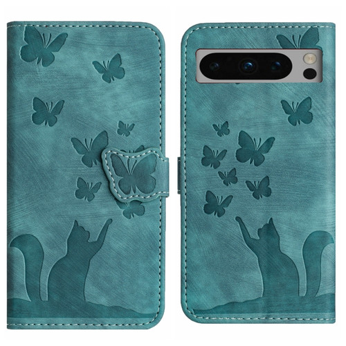 Google Pixel 8 Pro Butterfly Cat Embossing Flip Leather Phone Case - Wathet