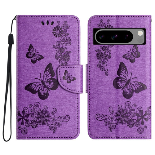 Google Pixel 8 Pro Butterfly Embossed Flip Leather Phone Case - Purple