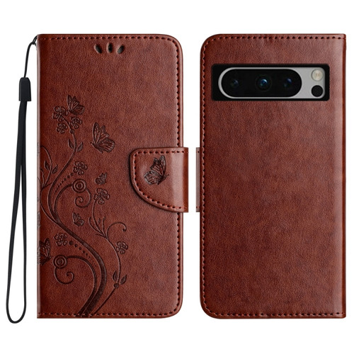 Google Pixel 8 Pro Butterfly Flower Pattern Flip Leather Phone Case - Brown