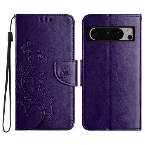 Google Pixel 8 Pro Butterfly Flower Pattern Flip Leather Phone Case - Dark Purple