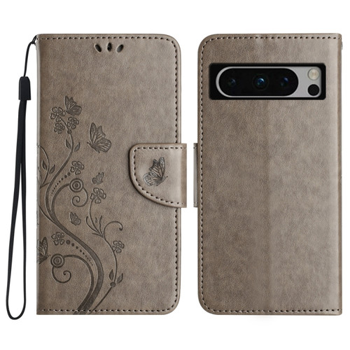 Google Pixel 8 Pro Butterfly Flower Pattern Flip Leather Phone Case - Grey