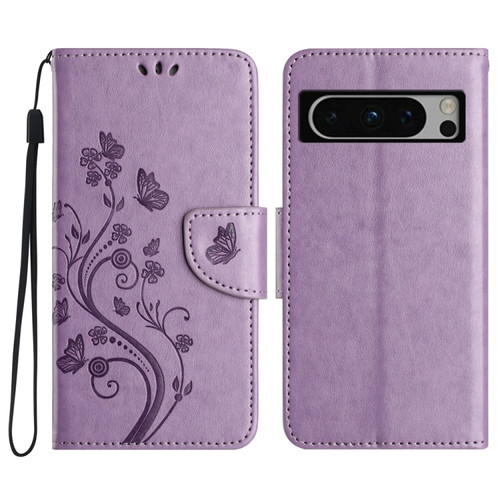 Google Pixel 8 Pro Butterfly Flower Pattern Flip Leather Phone Case - Light Purple