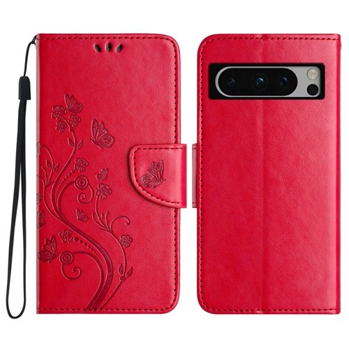 Google Pixel 8 Pro Butterfly Flower Pattern Flip Leather Phone Case - Red