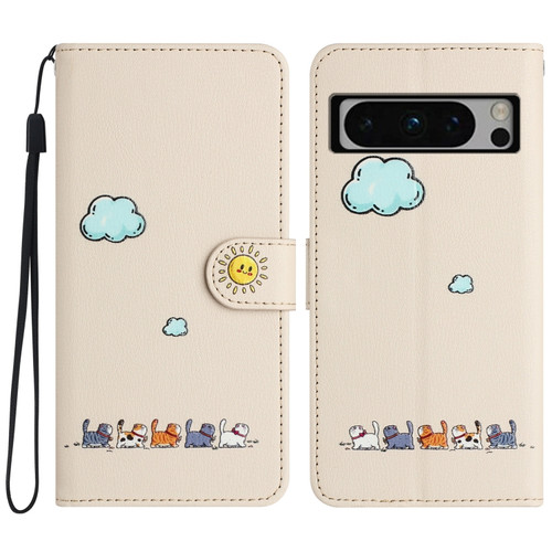 Google Pixel 8 Pro Cartoon Cats Leather Phone Case - Beige White