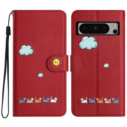 Google Pixel 8 Pro Cartoon Cats Leather Phone Case - Red