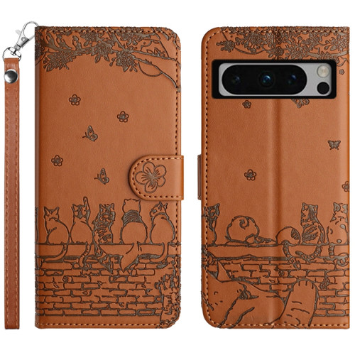 Google Pixel 8 Pro Cat Embossing Pattern Leather Phone Case with Lanyard - Brown