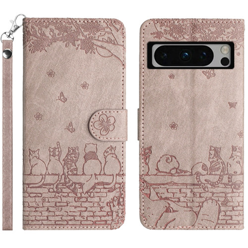 Google Pixel 8 Pro Cat Embossing Pattern Leather Phone Case with Lanyard - Grey