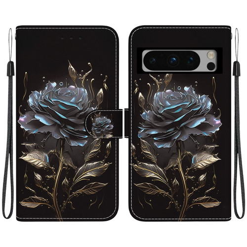 Google Pixel 8 Pro Crystal Texture Colored Drawing Leather Phone Case - Black Rose