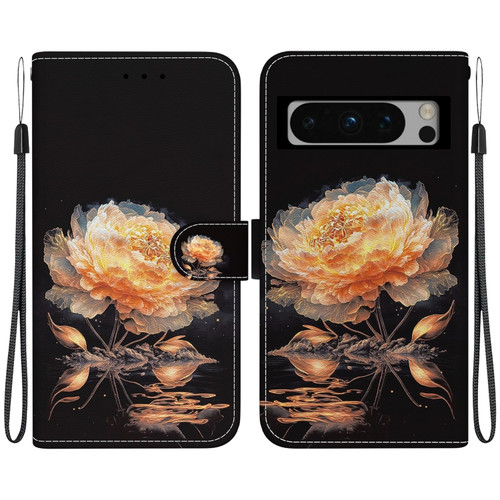 Google Pixel 8 Pro Crystal Texture Colored Drawing Leather Phone Case - Gold Peony