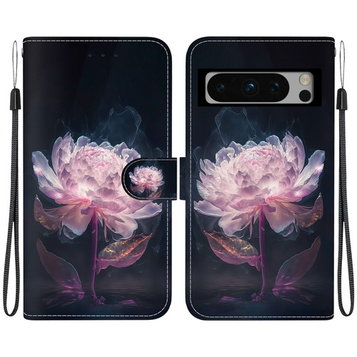 Google Pixel 8 Pro Crystal Texture Colored Drawing Leather Phone Case - Purple Peony
