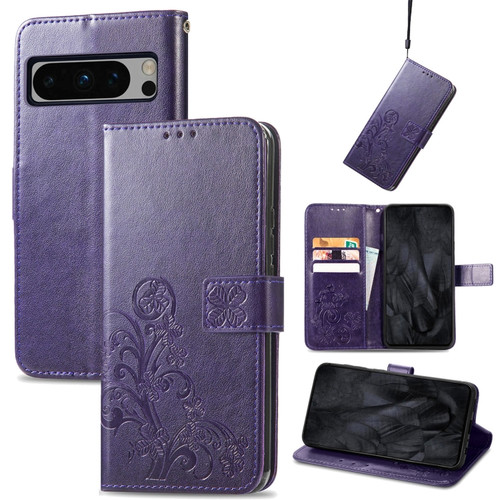 Google Pixel 8 Pro Four-leaf Clasp Embossed Leather Phone Case - Purple