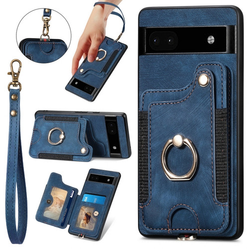 Google Pixel 8 Pro Retro Skin-feel Ring Multi-card RFID Wallet Phone Case - Blue