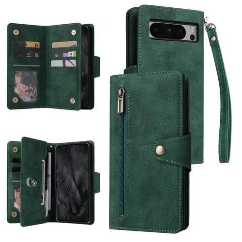 Google Pixel 8 Pro Rivet Buckle 9 Cards Three Fold Leather Phone Case - Green