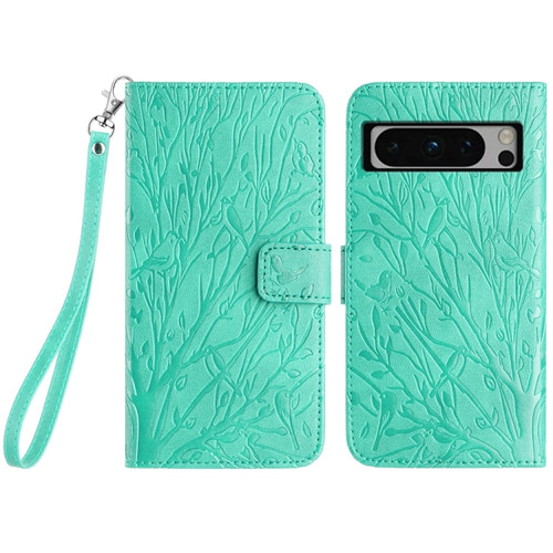 Google Pixel 8 Pro Tree Birds Embossed Pattern Leather Phone Case - Green