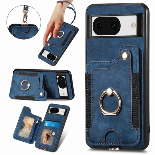 Google Pixel 8 Retro Skin-feel Ring Multi-card RFID Wallet Phone Case with Lanyard - Blue