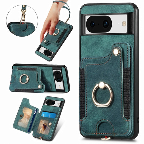 Google Pixel 8 Retro Skin-feel Ring Multi-card RFID Wallet Phone Case with Lanyard - Green